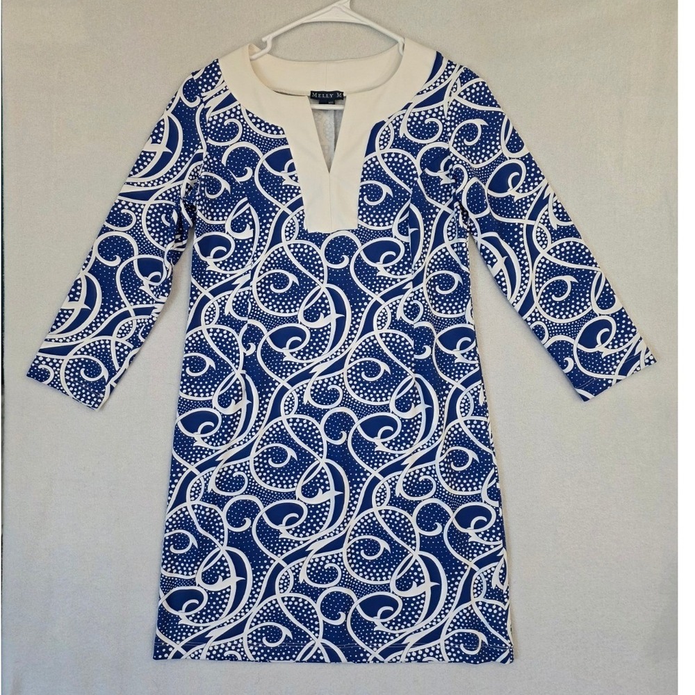 Melly M Scroll Paisley Shift Dress XS Blue White Nylon Spandex Preppy Resort USA
